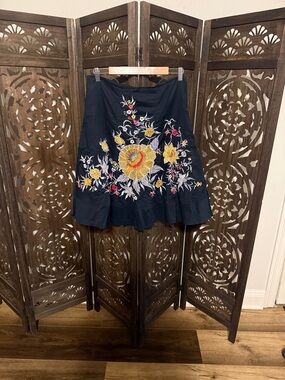 Forever 21 Black A-Line Skirt with Yellow & Pink Floral Embroidery